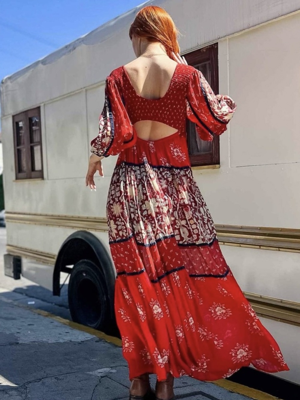 LAST 1!! Free People Bali Laurel Bohemian Long Sleeve Red Maxi Dress - $298 - Picture 3 of 13